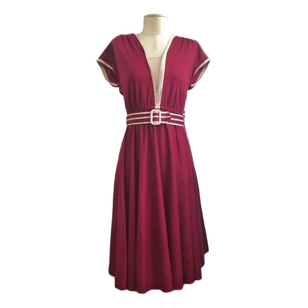 Vintage 1970s Handmade Midi Wine Red Elastic Waist Belted Day Dress Size S/M